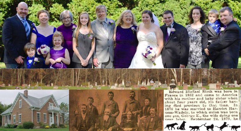edanddebby.com banner with all our kids & grandkids (so far), Smith homestead, some of Debby's Weaver ancestors, great-grandfather's partial obit, cemetery landscape